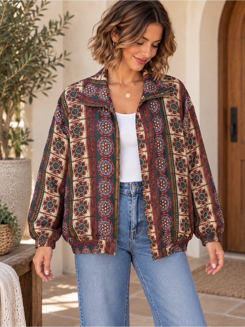 Vintage COACO Silk Bomber Jacket Women’s XL Geometric Medallion Print C174